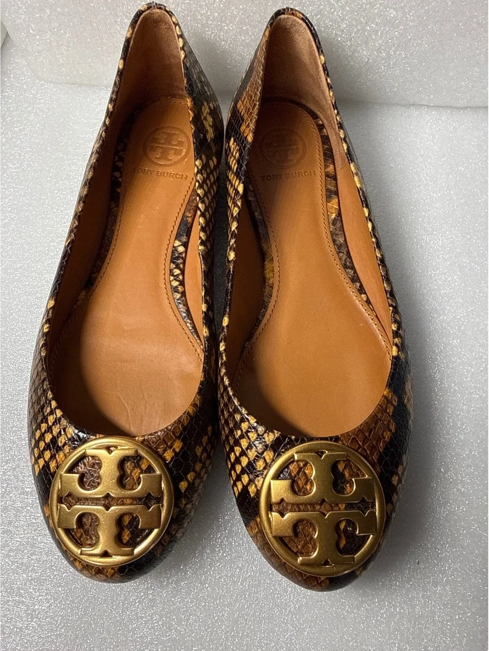 AuthenticTory Burch Reva Snake Print Leather Ballet Flats Gold Logo Size 5